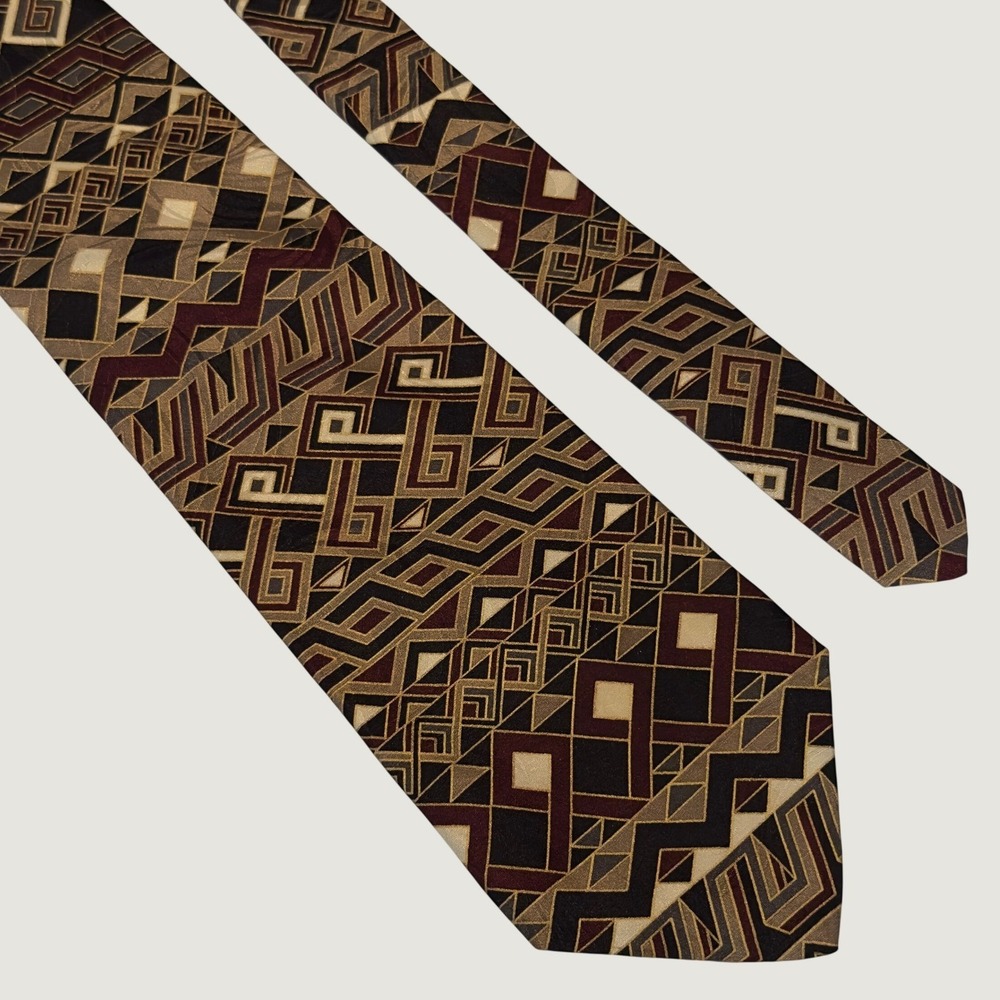 Zylos George Machado Tie Burgundy Gold Geometric Italian Silk 90s Necktie 55x4"